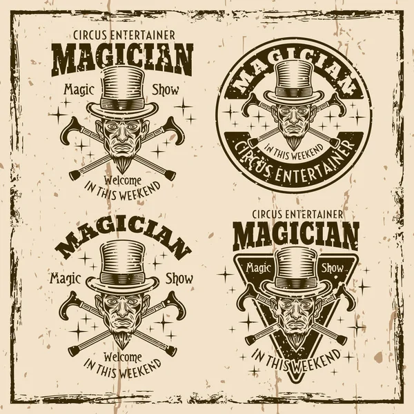 Espectáculo Mágico Ilusionistas Conjunto Emblemas Vectoriales Logotipos Insignias Labesl Con — Vector de stock