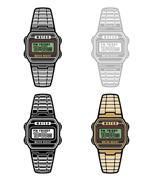 Elektronische Armbanduhr Vektor Set Von Objekten Vier Stilen Isoliert Auf — Stockvektor