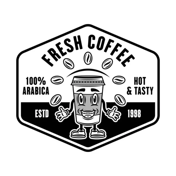 コーヒーショップベクトルモノクロエンブレム バッジ ラベルまたはロゴと笑顔紙コップ白に隔離された — ストックベクタ