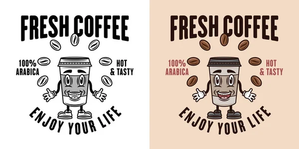 Café Souriant Tasse Papier Vecteur Emblème Insigne Étiquette Logo Deux — Image vectorielle