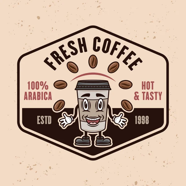 コーヒーショップベクトルの色のエンブレム バッジ ラベルやロゴと笑顔紙カップ上の光質感の背景 — ストックベクタ