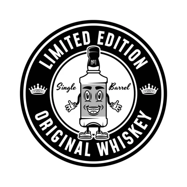 Whiskey Botella Dibujos Animados Mascota Vector Redondo Emblema Monocromo Insignia — Archivo Imágenes Vectoriales
