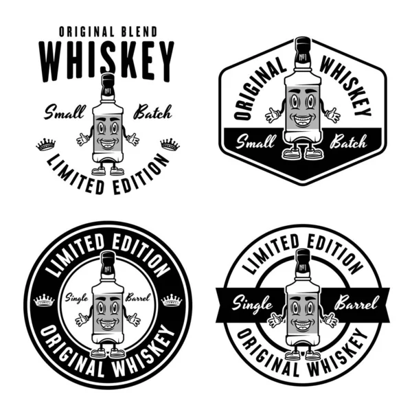 Whiskey Sorrindo Garrafa Conjunto Emblemas Monocromáticos Vetoriais Emblemas Rótulos Logotipos —  Vetores de Stock