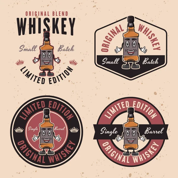 Whiskey Usmívající Láhev Sada Vektorových Barevných Emblémů Odznaky Štítky Nebo — Stockový vektor