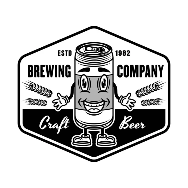Beer Can Smiling Character Vector Monochrome Emblem Badge Label Logo — Stock Vector