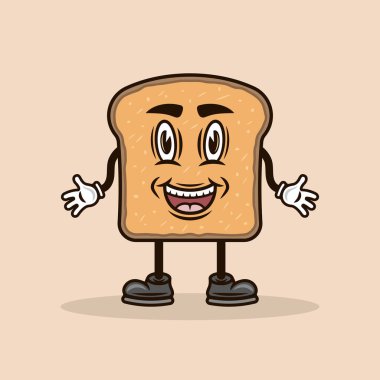 Ekmek dilimi ya da tost çizgi film karakteri, el ve bacak vektör çizimi açık arkaplanda renkli.