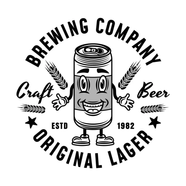 Bière Peut Sourire Caractère Vecteur Monochrome Emblème Insigne Étiquette Logo — Image vectorielle