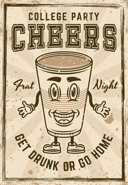 Fraternity Collage Party Vintage Einladungsplakat Mit Plastikbecher Bier Cartoon Lächelnden — Stockvektor