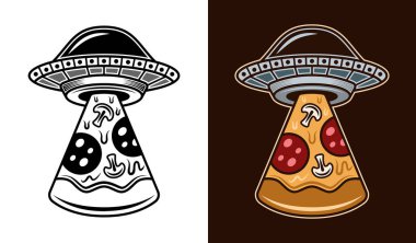 Ufo stealing pizza slice vector illustration in two styles black on white and colored on black background clipart