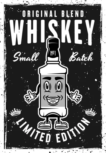 威士忌瓶复古黑色海报模板卡通吉祥物微笑字符矢量插图 独立的纹理和文本 — 图库矢量图片