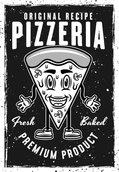 Modèle Affiche Noir Vintage Pizzeria Avec Illustration Vectorielle Personnage Souriant — Image vectorielle
