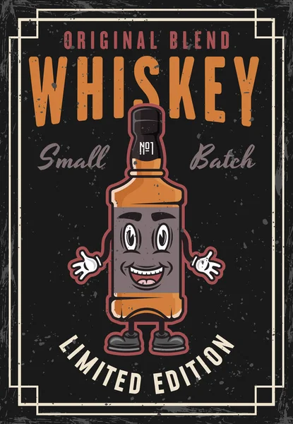 威士忌复古彩色海报与瓶子卡通人物微笑 不同图层上的纹理和文本的矢量说明 — 图库矢量图片