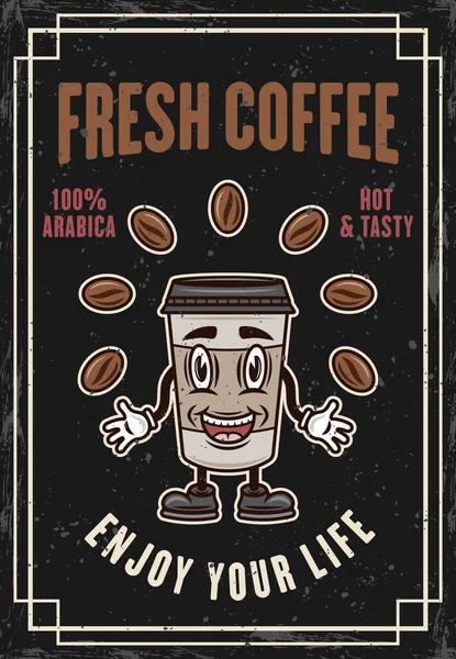 コーヒーカップ漫画の笑顔のキャラクターとカフェヴィンテージ色のポスター テクスチャとテキストを別々のレイヤーでベクトルイラスト — ストックベクタ