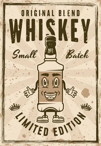 Whisky Flaska Vintage Affisch Tecknad Leende Karaktär Vektor Illustration Skiktad — Stock vektor
