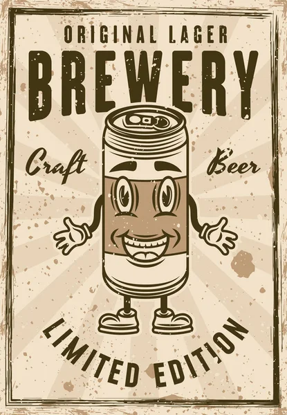 Beer Can Vintage Poster Cartoon Smiling Character Vector Illustration Layered — Stock Vector