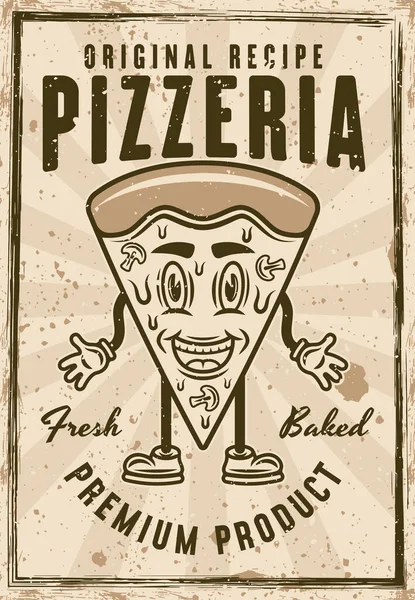 Pizzeria Vintage Poster Met Pizza Stuk Cartoon Lachende Karakter Vector — Stockvector