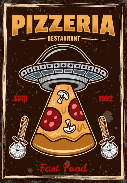 Pizzeria Vintage Έγχρωμη Αφίσα Ufo Κλέβει Πίτσα Φέτα Εικονογράφηση Διάνυσμα — Διανυσματικό Αρχείο