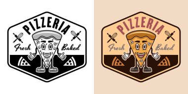 Pizzeria vektör amblemi, logosu, rozeti ya da etiketi beyaz ve renkli üzerine siyah iki tarzda pizza parçası çizgi film karakteri
