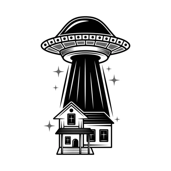 Ufo House Silhouette Vector Monochrome Illustration Vintage Style Isolated White — Stock Vector