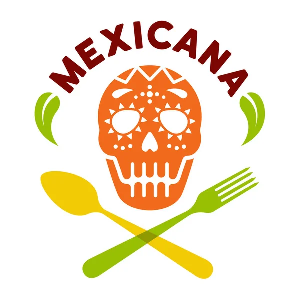 Mexicaanse Voedsellabel Embleem Badge Logo Met Schedel Vector Gekleurde Illustratie — Stockvector