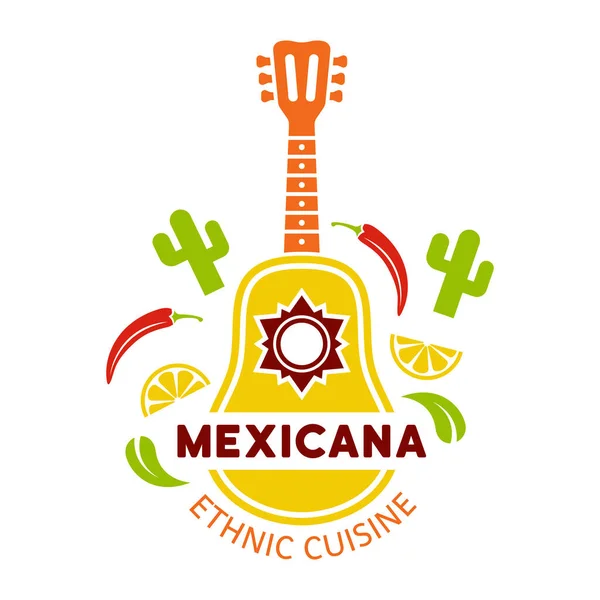 Mexikanische Lebensmittel Etikett Emblem Abzeichen Oder Logo Mit Gitarre Vektor — Stockvektor