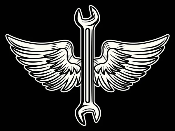 Wrench Met Vleugels Vector Illustratie Zwart Wit Tattoo Stijl Donkere — Stockvector