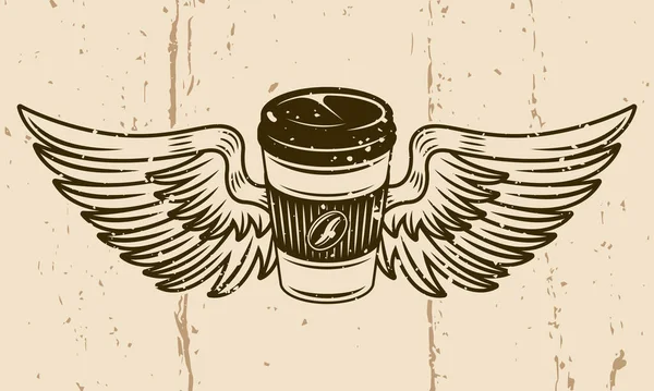 带有翅膀矢量图解的咖啡纸杯 以复古风格为背景 带有刚毛质感 — 图库矢量图片