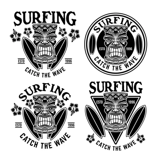 Set Surf Emblèmes Vectoriels Badges Étiquettes Autocollants Logos Avec Tête — Image vectorielle