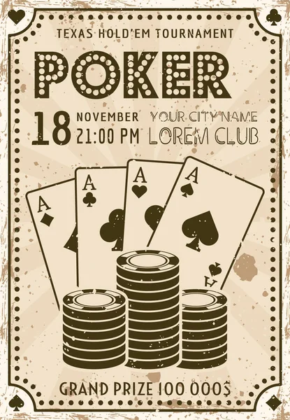 Poker Turniej Zaproszenie Vintage Plakat Ilustracja Wektora Przykładowym Tekstem Teksturą — Wektor stockowy