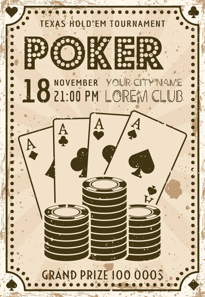 Poker tournament invitation vintage poster. Vector illustration with sample text and textures on separate layers