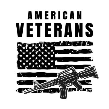 ABD bayrağı ve beyaz zemin üzerinde izole edilmiş M16 tüfeği olan tek renkli Amerikan emektar vektör illüstrasyonları