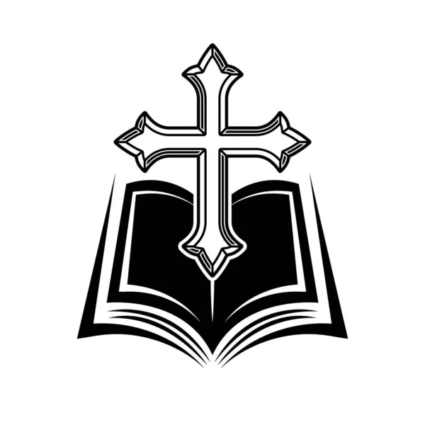 白い背景に黒いスタイルの聖書の開いた本のシルエットおよびキリスト教の十字のベクトルのイラスト — ストックベクタ