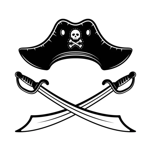 Pirate Hat Two Crossed Sabers Vector Monochrome Style Illustration Graphic — Stock Vector