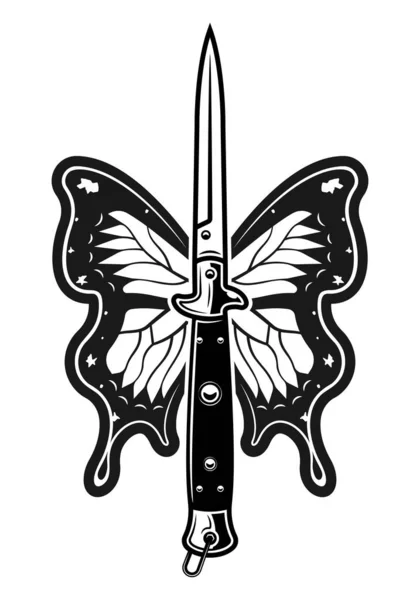 Butterfly Dolk Vector Tattoo Stijl Monochrome Illustratie Geïsoleerd Wit — Stockvector