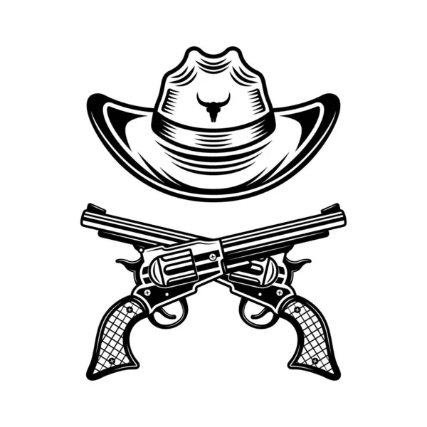 Cowboy Hat Two Crossed Pistols Vector Monochrome Style Illustration Graphic — Stock Vector