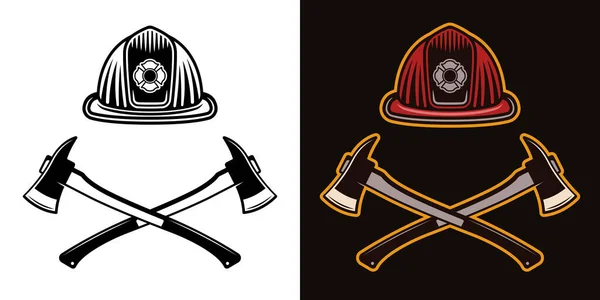 Brandweerhelm Twee Gekruiste Bijlen Vector Illustratie Twee Stijlen Zwart Wit — Stockvector