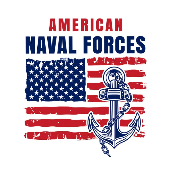 Ilustração Vetorial Forças Navais Americanas Estilo Colorido Com Bandeira Âncora — Vetor de Stock