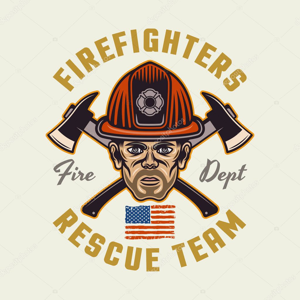 Firefighters vector emblem, logo, badge illustration in colored style on light background