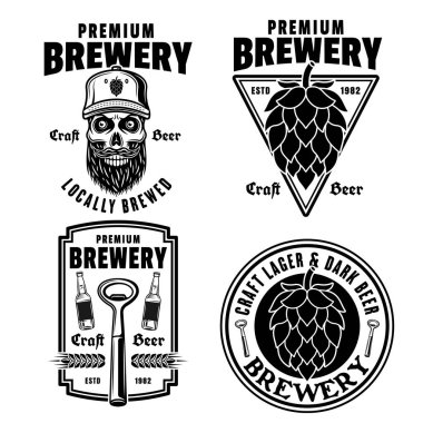 Beyaz üzerine izole edilmiş bira ve bira üreten vektör amblemleri, etiketler, rozetler veya logolar.