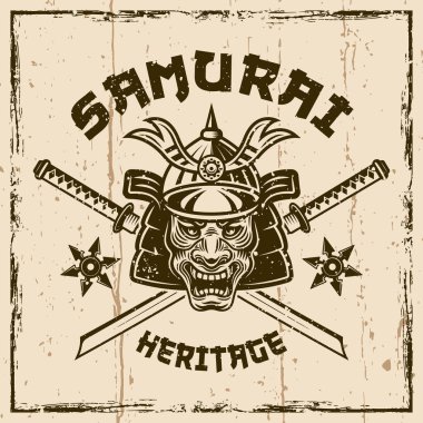 Samuray vektör vintage amblemi, rozet, etiket, arkaplanda çıkarılabilir dokularla logo