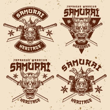 Samuray vektör vintage amblemleri, rozetler, etiketler, arkaplanda çıkarılabilir dokulara sahip logolar