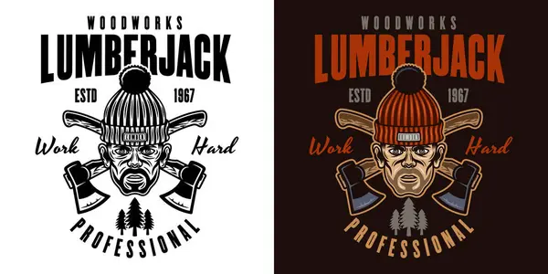 Lumberjack Head Knitted Hat Crossed Axes Vector Emblem Two Styles — Stock Vector