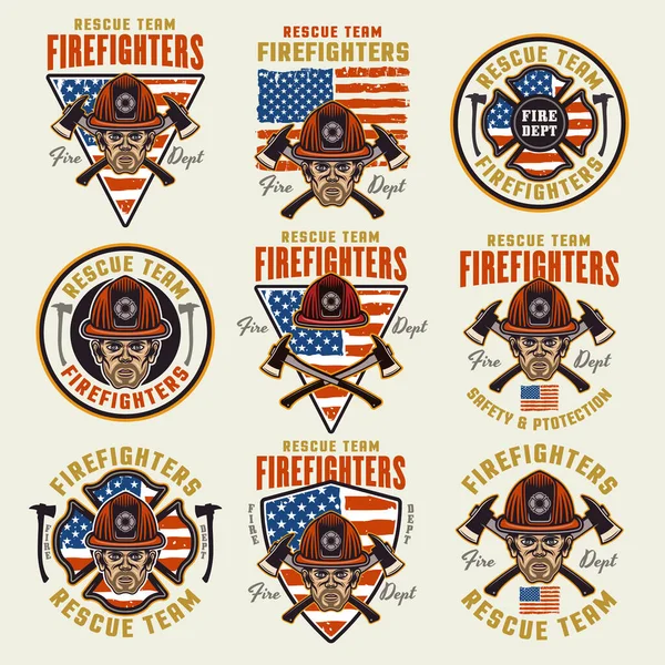 Firefighters Set Vector Emblems Logos Badges Labels Design Illustration Colorful — Stock Vector