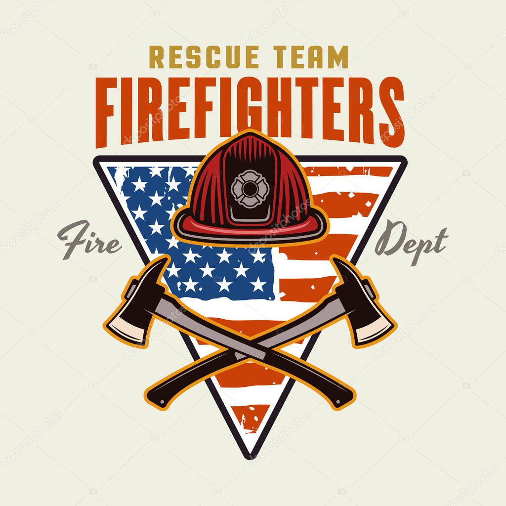 Firefighters vector emblem, logo, badge or label design illustration in colorful style with fireman and american flag on light background