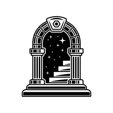 Cennete giden gizemli merdiven geleneksel vektör dövmesi basit detaylarla beyaz arkaplanda siyah stil