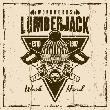 Oduncu ve marangoz vektör vintage amblemi, etiketi, rozeti veya baskısı ayrı katmanlarda çıkarılabilir dokularla arka planda