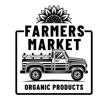 Çiftçilerin pazar vektör amblemi, rozeti, pikap arabalı etiketi ve beyaza izole edilmiş ayçiçeği.