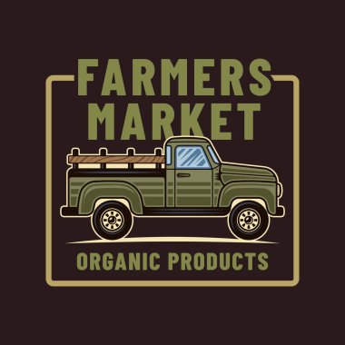 Çiftçilerin pazar vektör amblemi, rozeti, siyah arka planda renkli arabalı etiketi