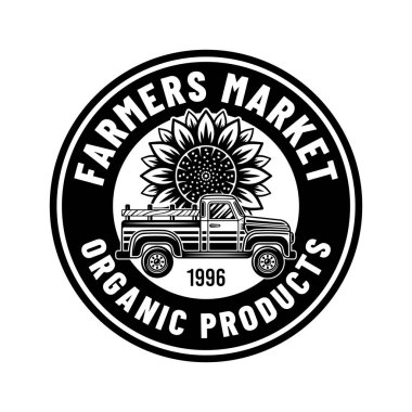 Çiftçilerin pazar vektör amblemi, rozeti, pikap arabalı etiketi ve beyaza izole edilmiş ayçiçeği.