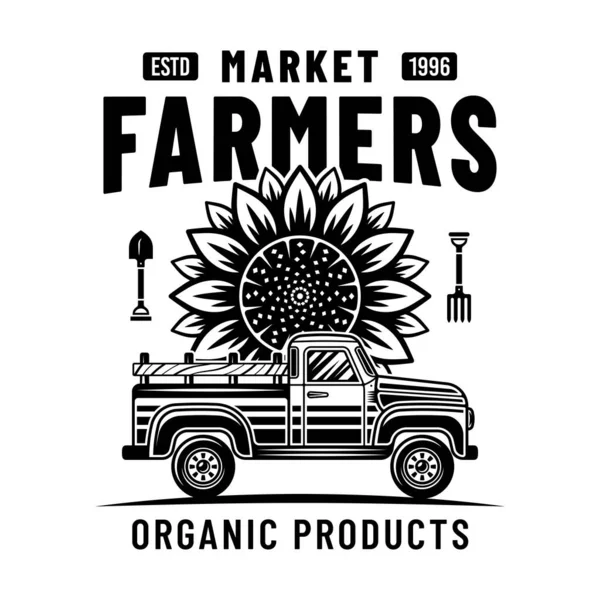 Farmáři Trh Vektorové Emblém Odznak Štítek Pickup Auto Slunečnice Černém — Stockový vektor